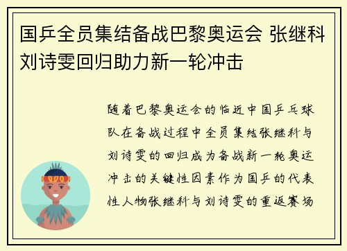 国乒全员集结备战巴黎奥运会 张继科刘诗雯回归助力新一轮冲击